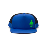 BUOY WEAR's cobalt blue floating, waterproof trucker hat with snapback, front.