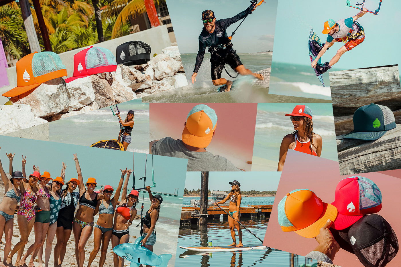 BUOY WEAR photo collage featuring the floating, waterproof headgear, and water sports athletes and passionates wearing them.