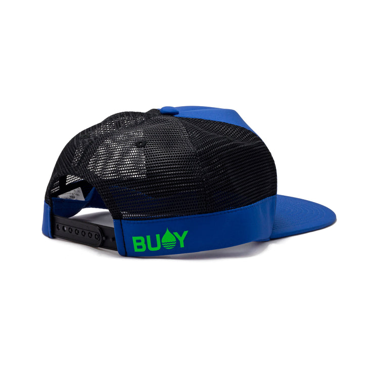 BUOY WEAR's cobalt blue floating, waterproof trucker hat with snapback, back side.
