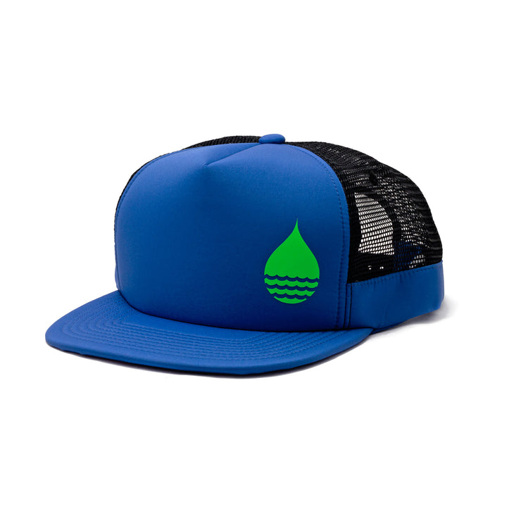 BUOY WEAR's cobalt blue floating, waterproof trucker hat with snapback, front side.