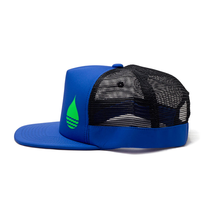 BUOY WEAR's cobalt blue floating, waterproof trucker hat with snapback, side.