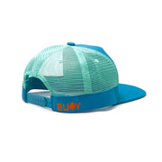 BUOY WEAR's ocean blue floating, waterproof trucker hat with snapback, back side.