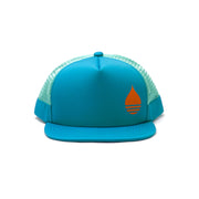 BUOY WEAR's ocean blue floating, waterproof trucker hat with snapback, front.