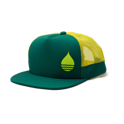 BUOY WEAR's seagreen floating, waterproof trucker hat with snapback, front side.