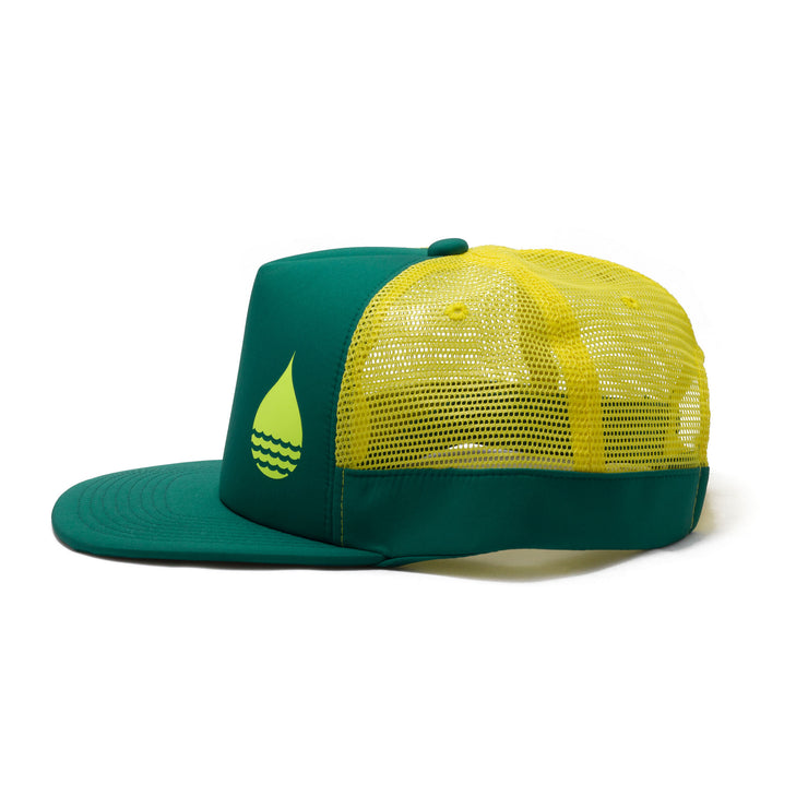 BUOY WEAR's seagreen floating, waterproof trucker hat with snapback, side.