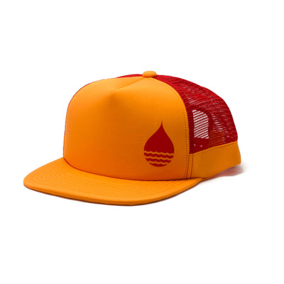 BUOY WEAR's tangerine floating, waterproof trucker hat with snapback, front side.