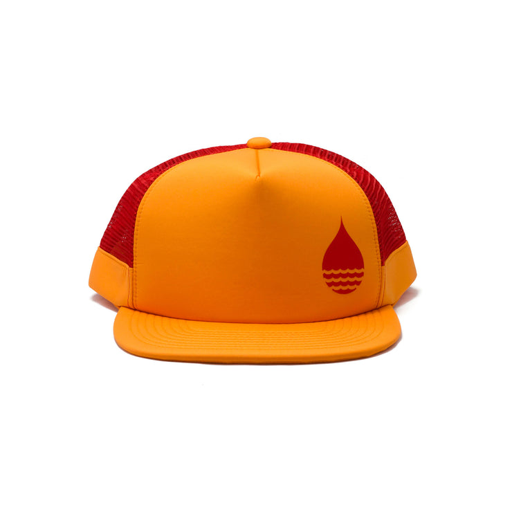 BUOY WEAR's tangerine floating, waterproof trucker hat with snapback, front.