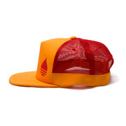 BUOY WEAR's tangerine floating, waterproof trucker hat with snapback, side.